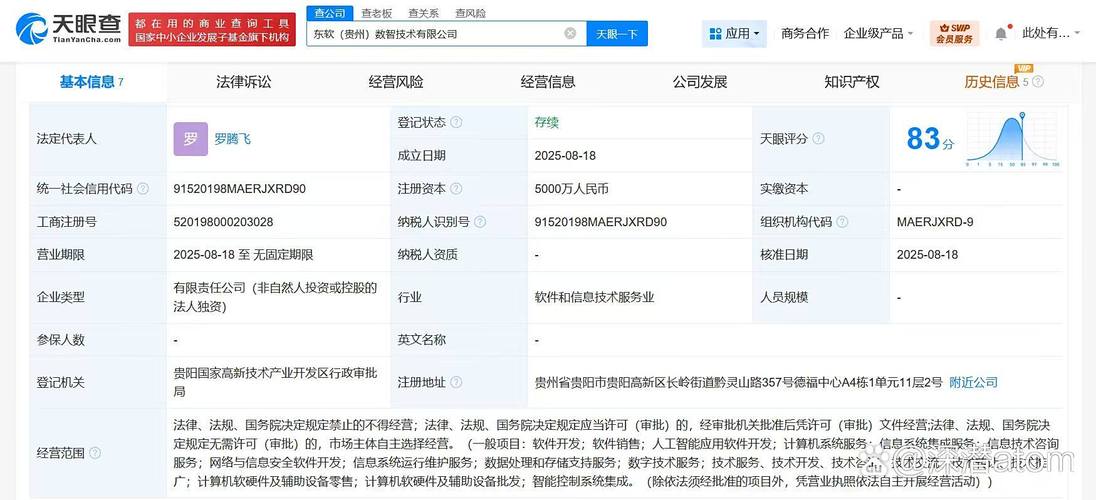【#东软集团在贵州成立数智技术公司# 注册资本5000万】 天眼查工商信